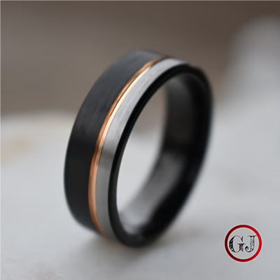 Gentlemen's Junction Black and Silver Brushed Band with Rose Gold Accent
