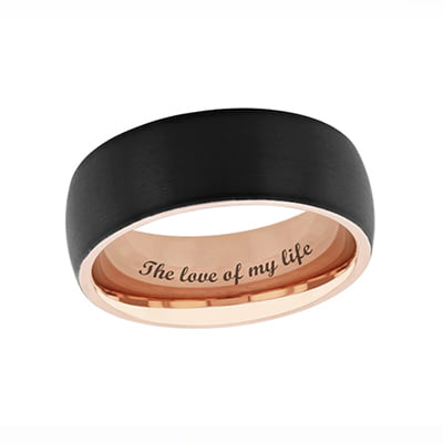Zales Engravable Men's Rose Gold Wedding Band in Tungsten with Black and Rose IP
