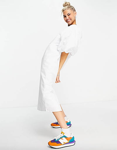 Object Exaggerated Sleeve White Midi Dress