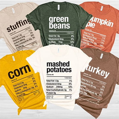 Holiday Food Nutrition Facts Matching Thanksgiving Shirts