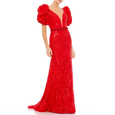 Mac Duggal Lace Embroidered Puff-Sleeve Red Gown Mac Duggal Lace Embroidered Puff-Sleeve Red Gown