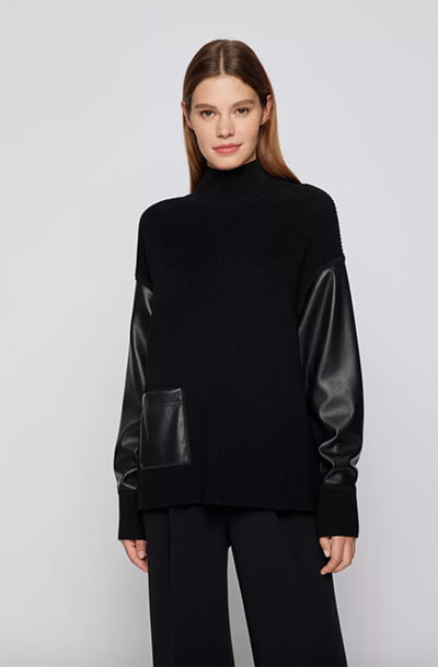 Relaxed-fit sweater in wool With Faux Leather Insert