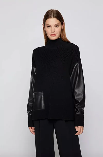 Relaxed-fit sweater in wool With Faux Leather Insert Relaxed-fit sweater in wool With Faux Leather Insert