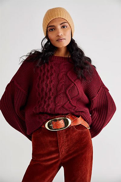Free People Dream Cable Crewneck Sweater