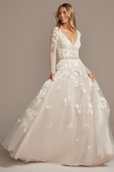 Galina Signature Illusion-Sleeve Ballgown Wedding Dress
