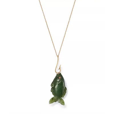 Annette Ferdinandsen Design Yellow Gold, Jade & Ruby Fish Pendant Necklace_ Annette Ferdinandsen Design Yellow Gold, Jade & Ruby Fish Pendant Necklace