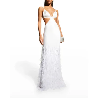 CULT GAIA Raisa Feather-Embellished Cutout Gown CULT GAIA Raisa Feather-Embellished Cutout Gown
