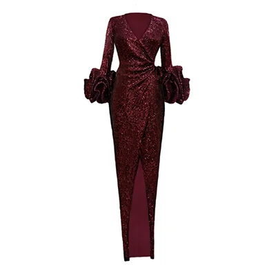 Long Sequin Wrap Dress With Statement Sleeves Long Sequin Wrap Dress With Statement Sleeves