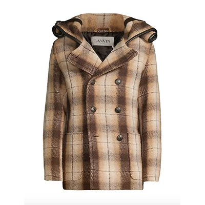 Lanvin Rolled Hood Plaid Peacoat Lanvin Rolled Hood Plaid Peacoat