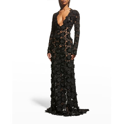 Oscar de la Renta Floral Embroidered Velvet Black Lace Gown