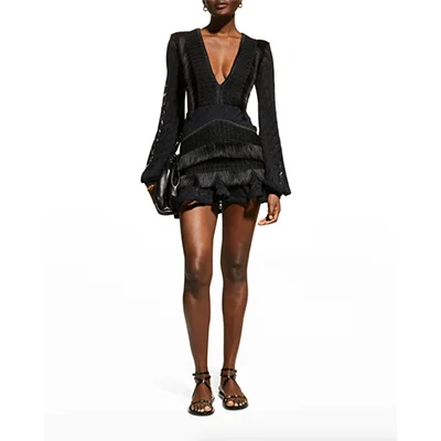 Patbo Crochet & Fringe Tiered Mini Dress Patbo Crochet & Fringe Tiered Mini Dress