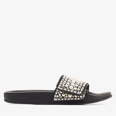 Jimmy Choo FITZ Black Canvas and Leather Slides with Pearls Jimmy Choo FITZ Black Canvas and Leather Slides with Pearls