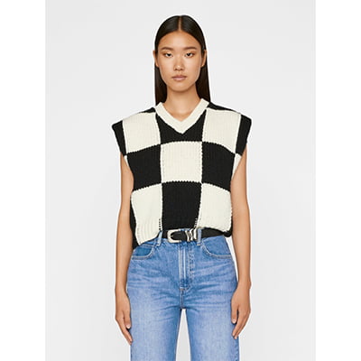 Frame Cropped Checkered Vest in Off White Multi