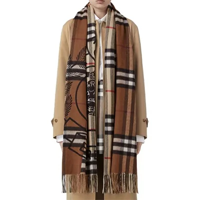 BURBERRY Logo Crest Plaid Cashmere Fringe Scarf BURBERRY Logo Crest Plaid Cashmere Fringe Scarf