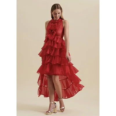 Cheryl Dress Long Red High-Low Silk Organza Dress With Frills Cheryl Dress Long Red High-Low Silk Organza Dress With Frills