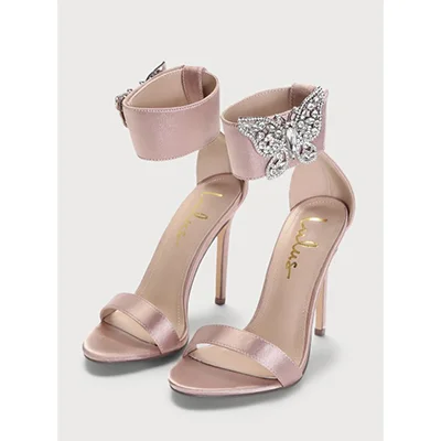 Mariahh Rose Gold Satin Rhinestone Butterfly Ankle Strap Heels