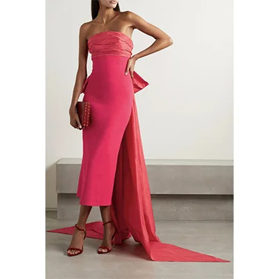 OSCAR DE LA RENTA Bow-Embellished Taffeta-Trimmed Stretch-Knit Gown OSCAR DE LA RENTA Bow-Embellished Taffeta-Trimmed Stretch-Knit Gown