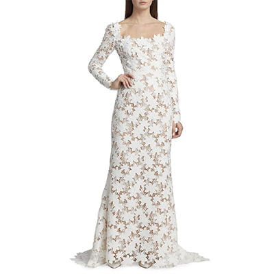 Oscar de la Renta Long-Sleeve Floral Lace Gown