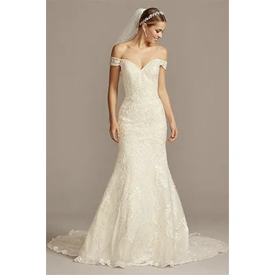 OLEG CASSINI Beaded Lace Long Sleeve Off Shoulder Wedding Dress